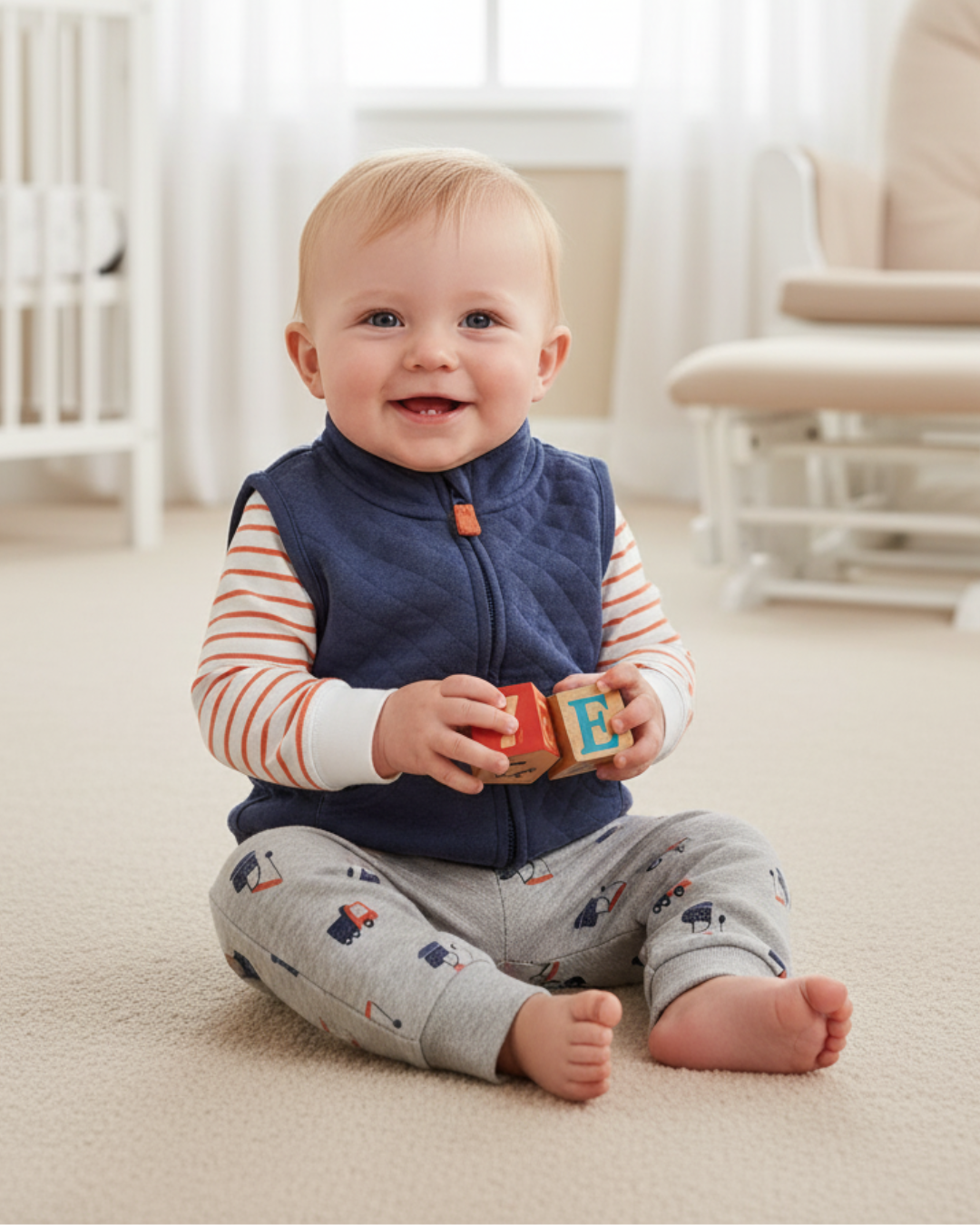 🏗️ Carter’s Baby Boy 3-Piece "Little Builder" Quilted Vest Set – Navy, Orange & Grey