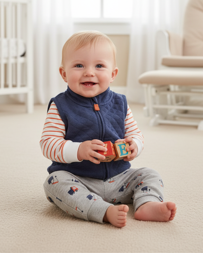 🏗️ Carter’s Baby Boy 3-Piece "Little Builder" Quilted Vest Set – Navy, Orange & Grey