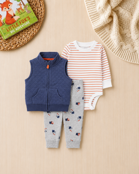 🏗️Original Carter’s Baby Boy 3-Piece "Little Builder" Quilted Vest Set – Navy, Orange & Grey